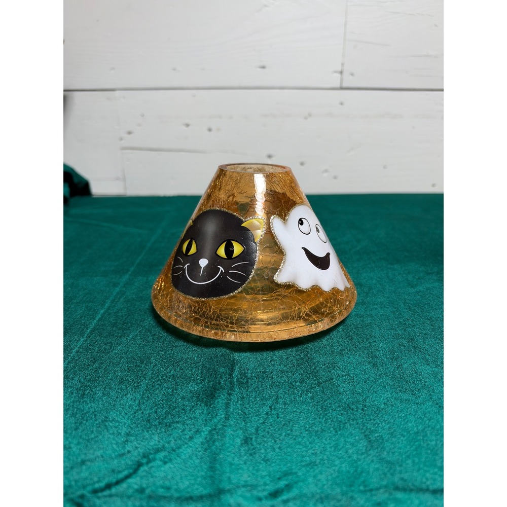 Yankee Candle Halloween Crackle Glass Jar Shade Topper Ghost Cat Pumpkin Frank